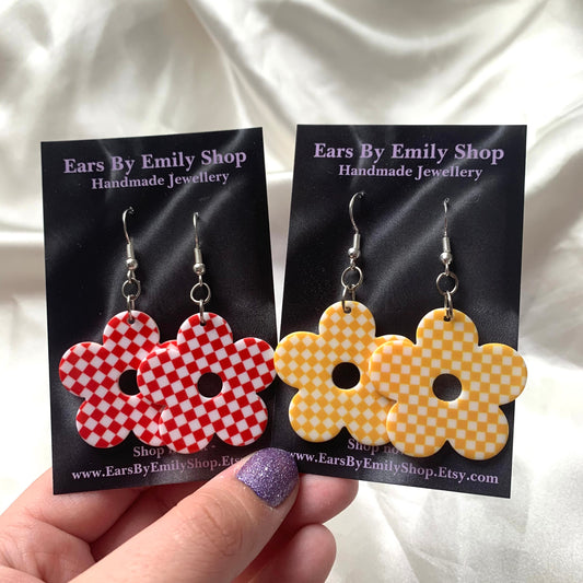 Red or yellow gingham checkerboard flower earrings