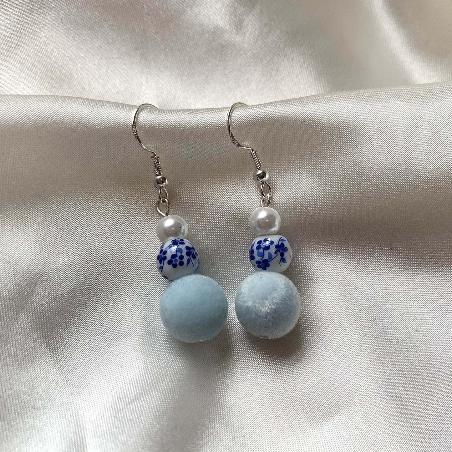 Faux pearl, ceramic blue and white bead and fuzzy light blue ball handmade silver plated earrings