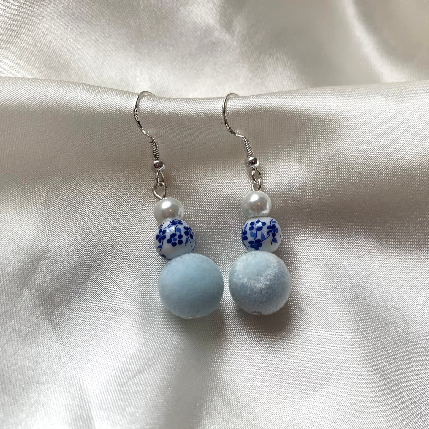 Faux pearl, ceramic blue and white bead and fuzzy light blue ball handmade silver plated earrings