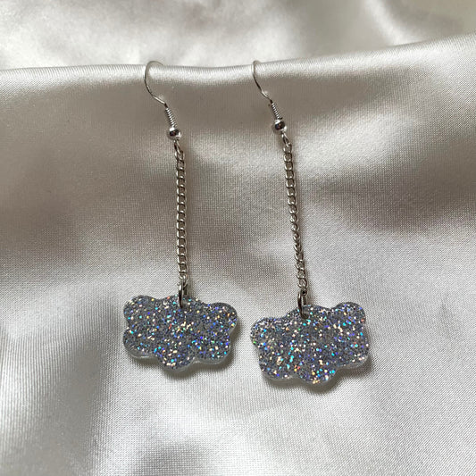 Resin glitter cloud statement silver chain earrings