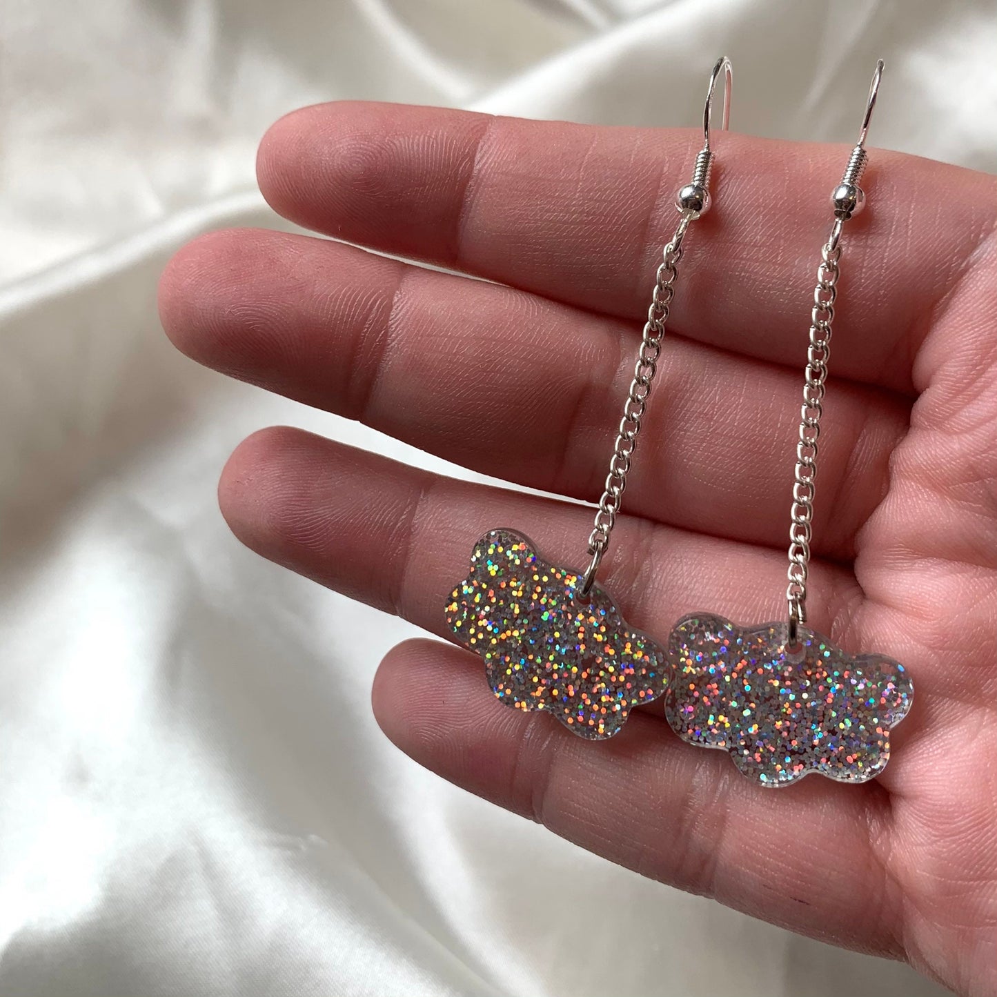 Resin glitter cloud statement silver chain earrings