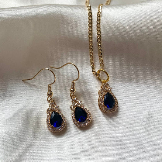 Dark blue/ navy glass crystal with silver rhinestones 14k gold plated earrings, necklace or jewellery set