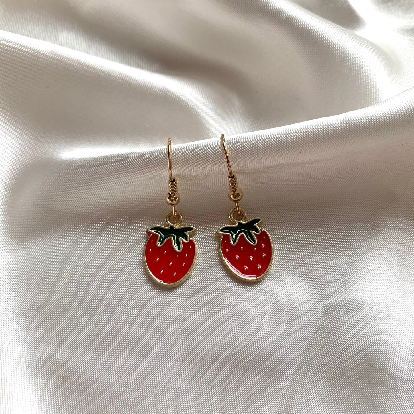 Red strawberry gold dangle earrings