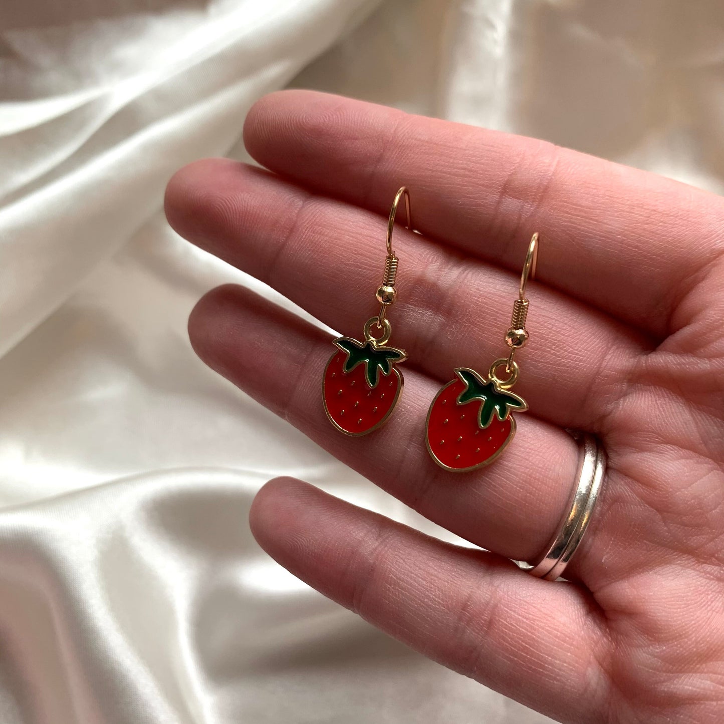 Red strawberry gold dangle earrings