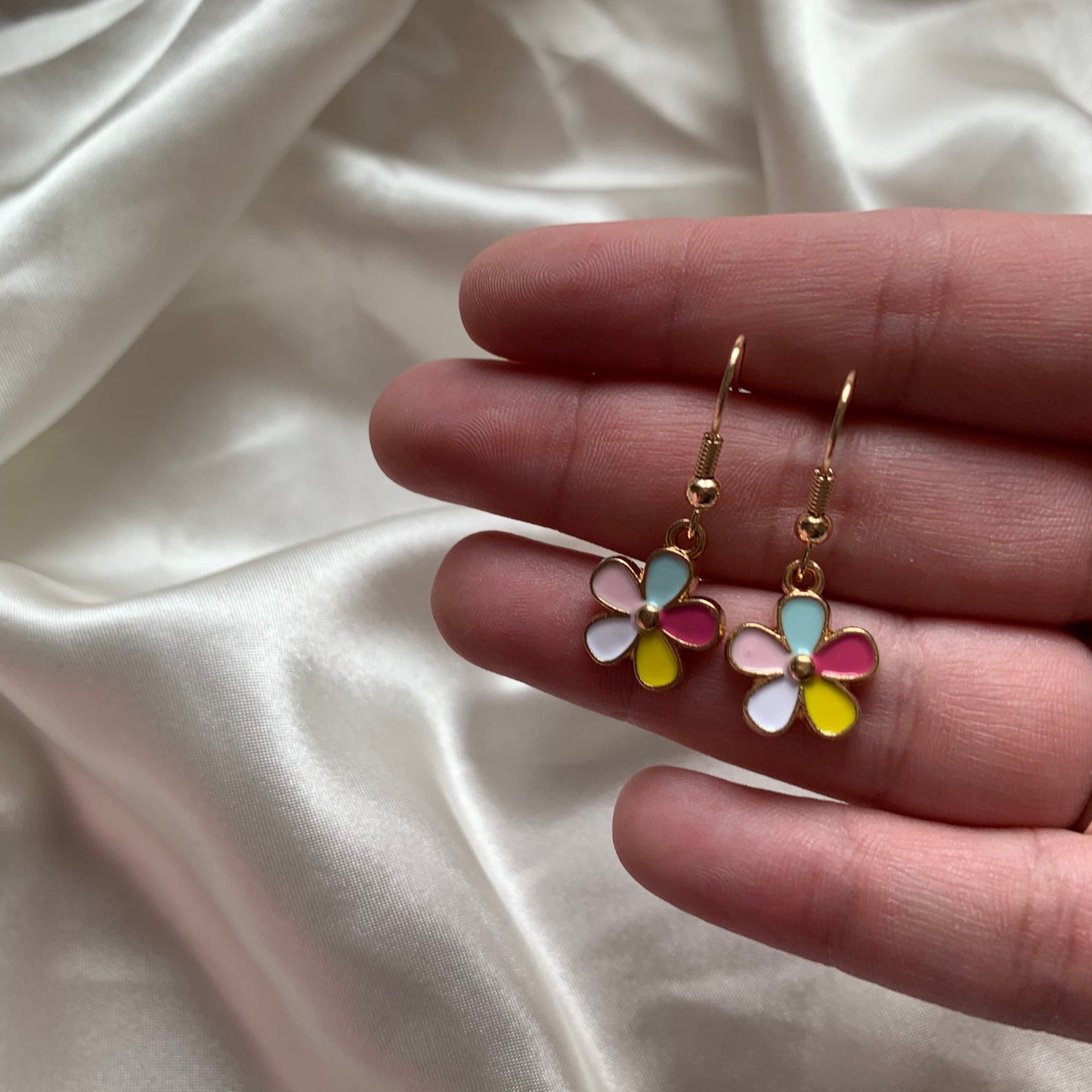 Rainbow flower dangle gold earrings