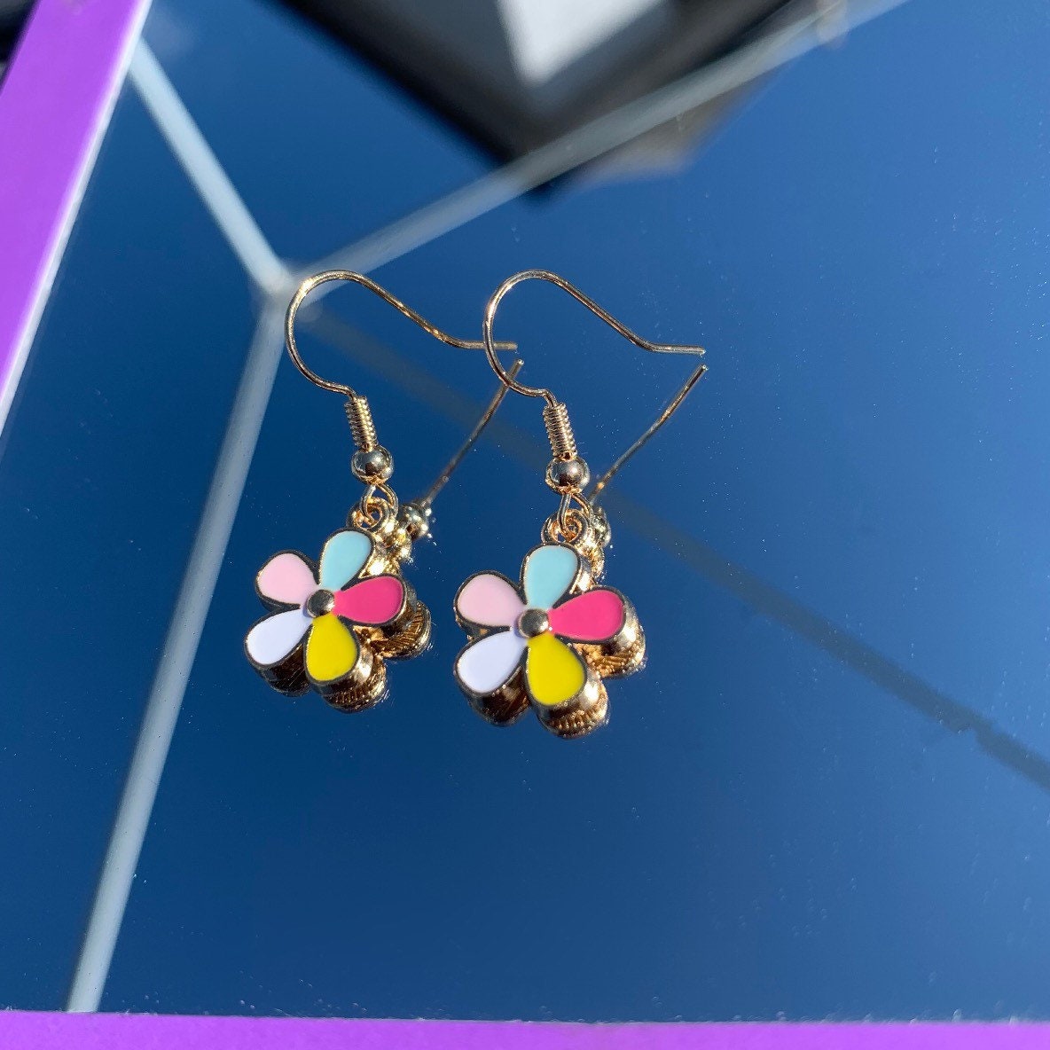 Rainbow flower dangle gold earrings