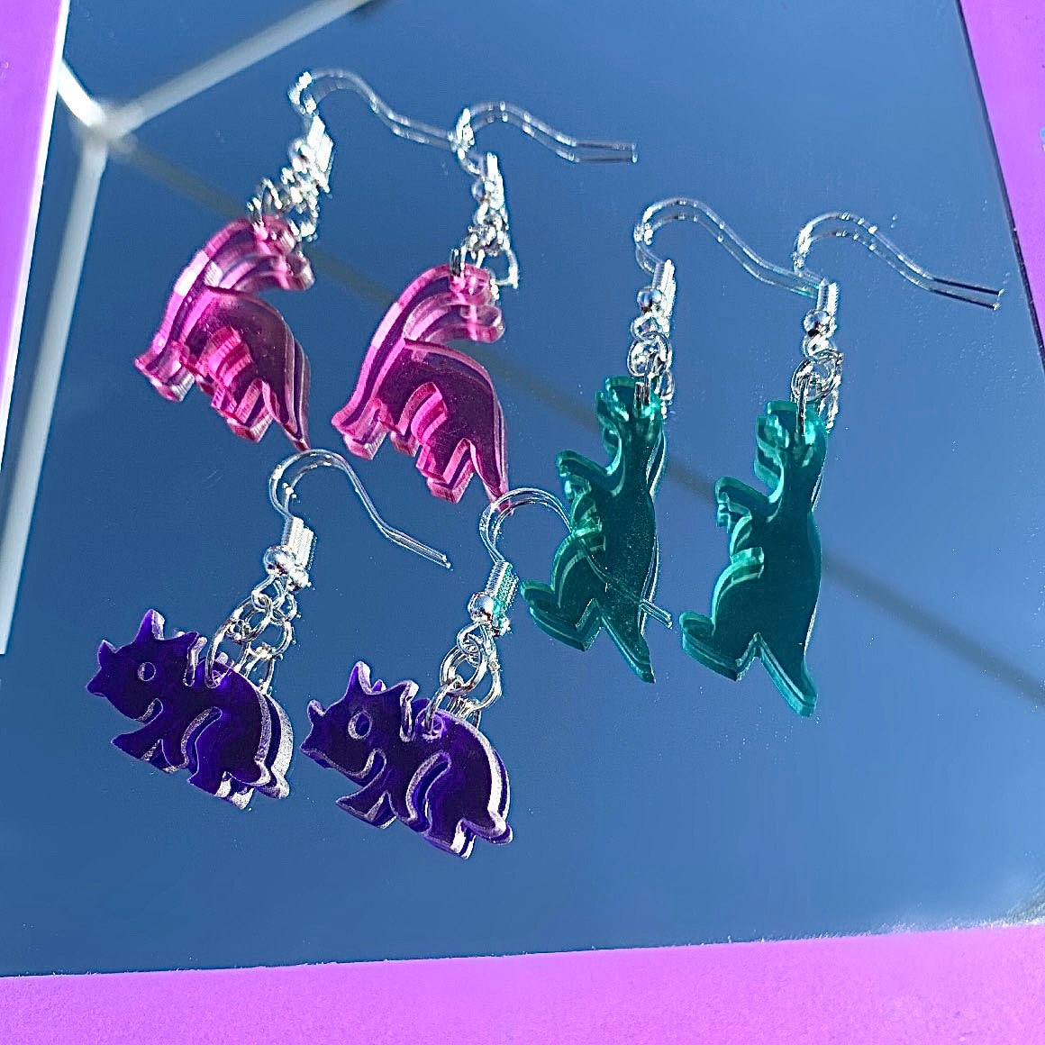 Cool quirky fun colourful acrylic dinosaur handmade drop dangle earrings on silver plated hooks