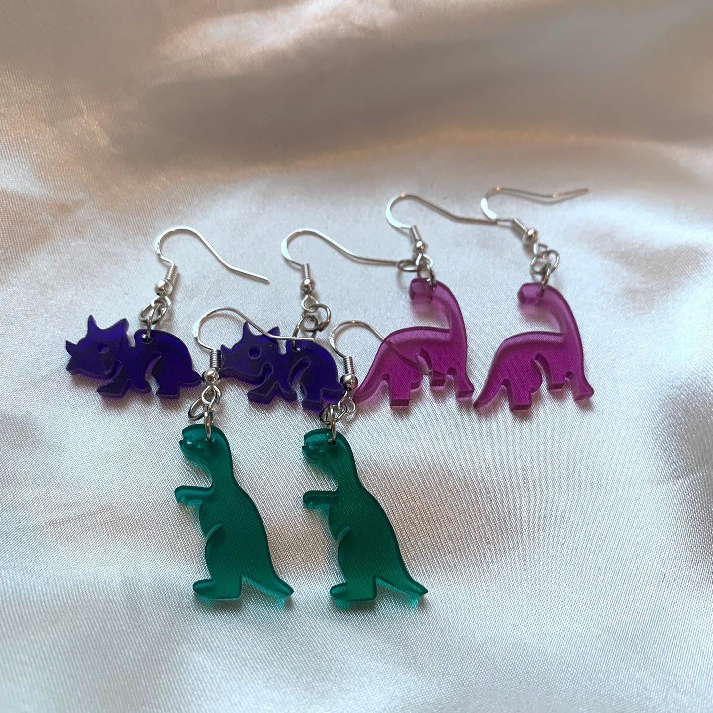 Cool quirky fun colourful acrylic dinosaur handmade drop dangle earrings on silver plated hooks