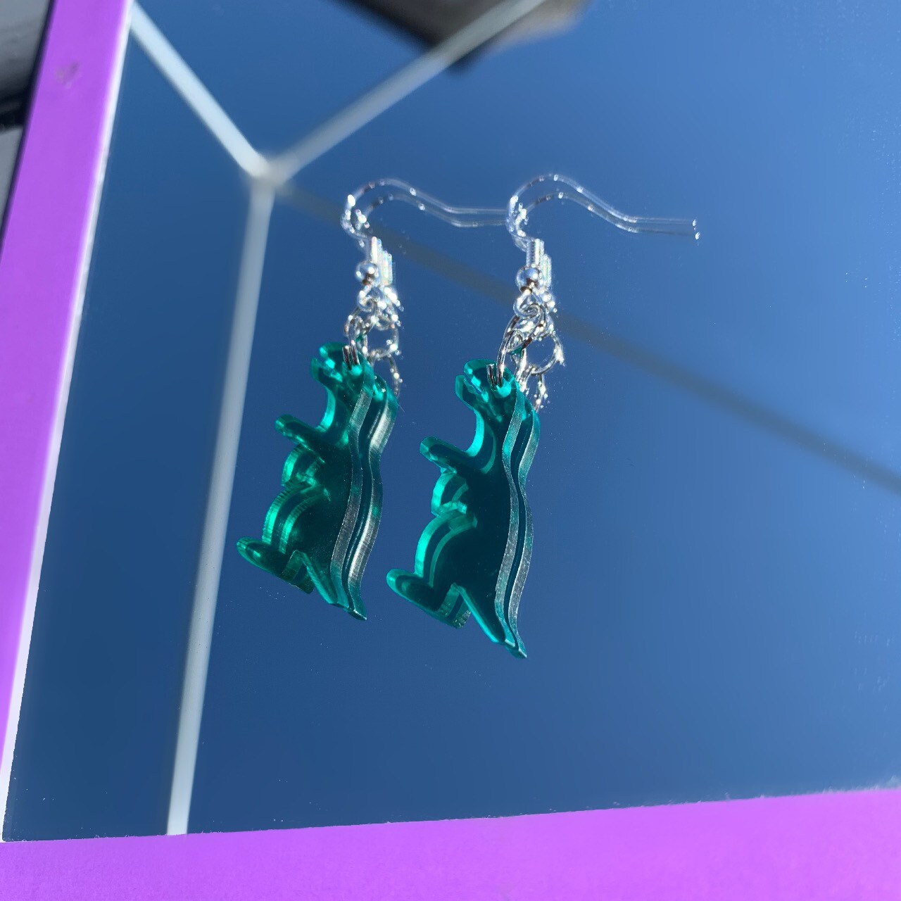 Cool quirky fun colourful acrylic dinosaur handmade drop dangle earrings on silver plated hooks