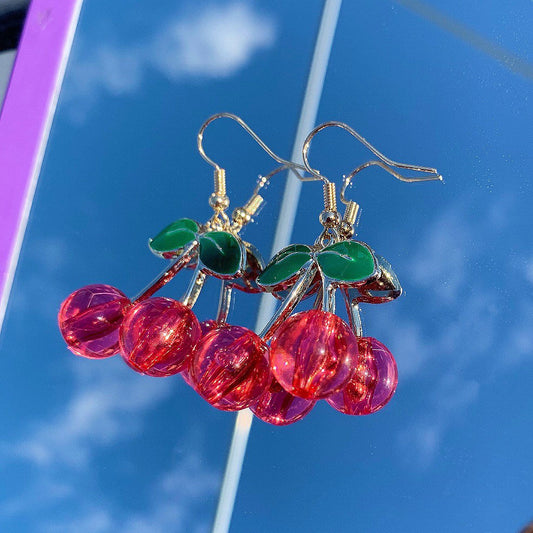 Pink/ red 3D cherry gold earrings