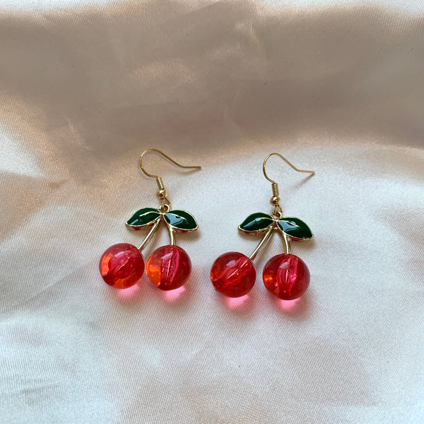 Pink/ red 3D cherry gold earrings