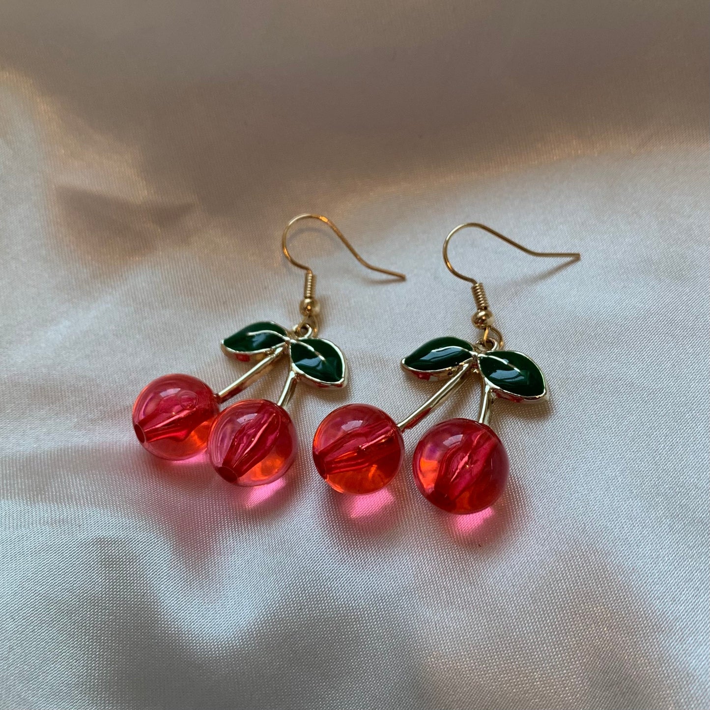 Pink/ red 3D cherry gold earrings