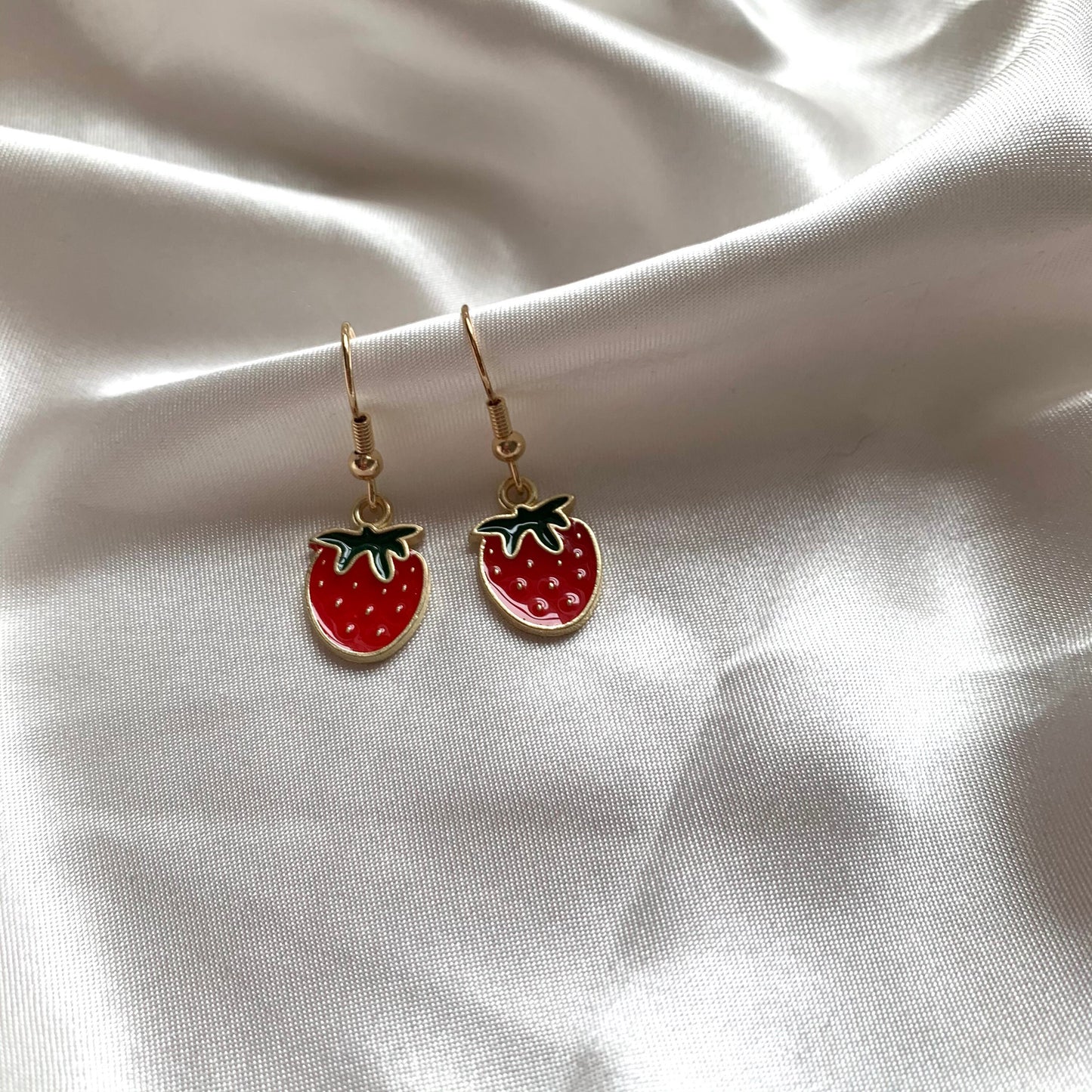 Red strawberry gold dangle earrings