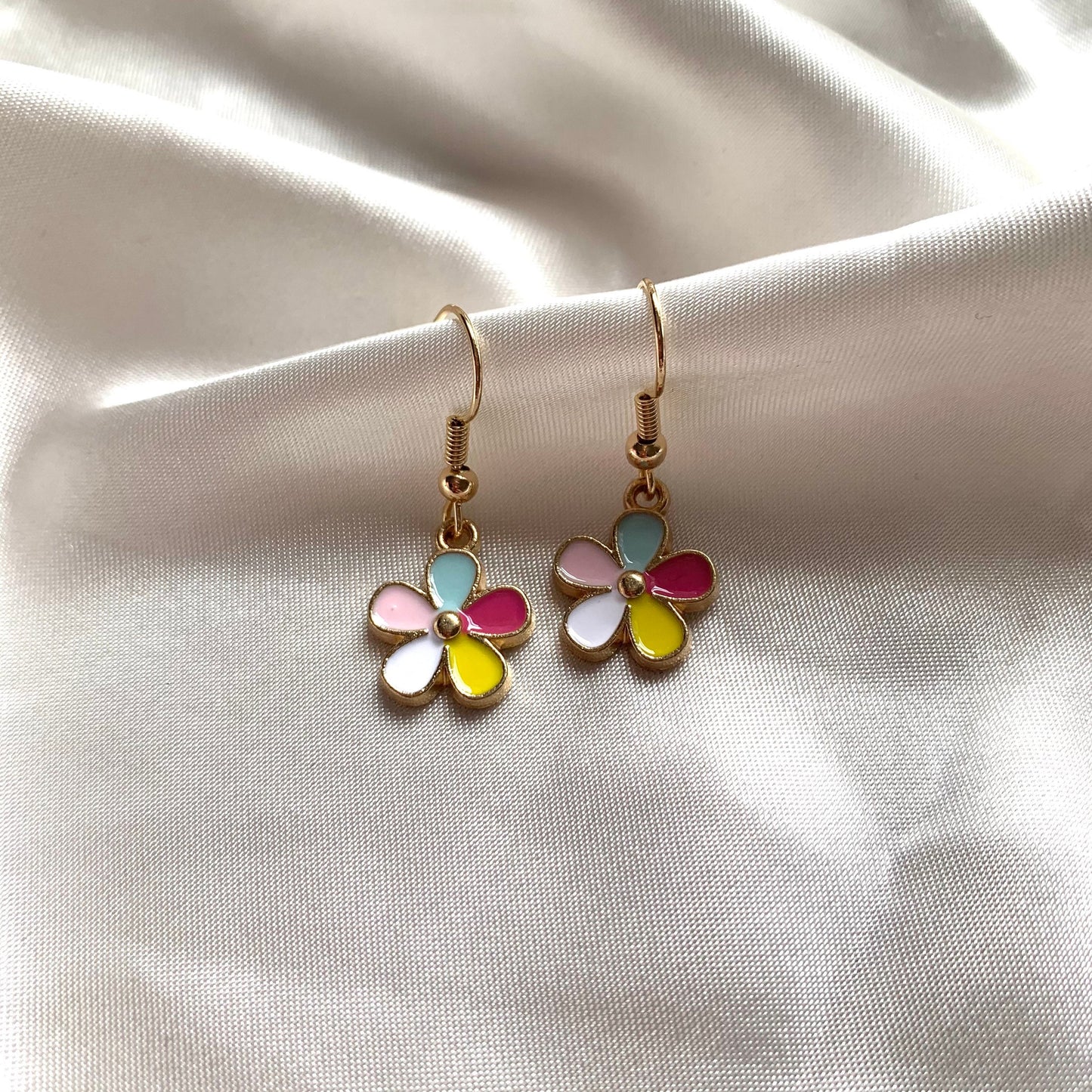 Rainbow flower dangle gold earrings