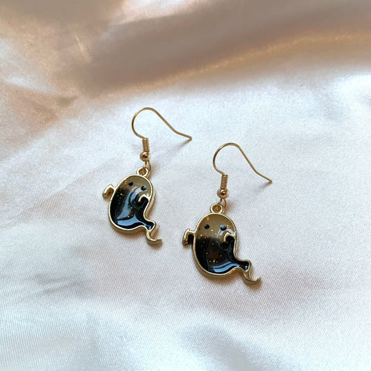 Black resin ghost dangle gold earrings