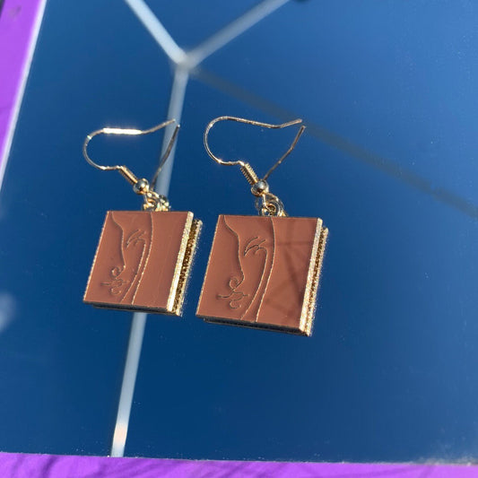 Abstract brown face square gold earrings