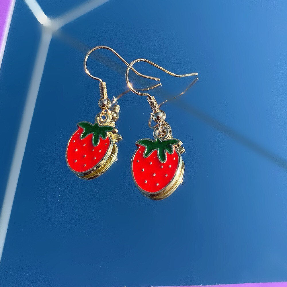 Red strawberry gold dangle earrings