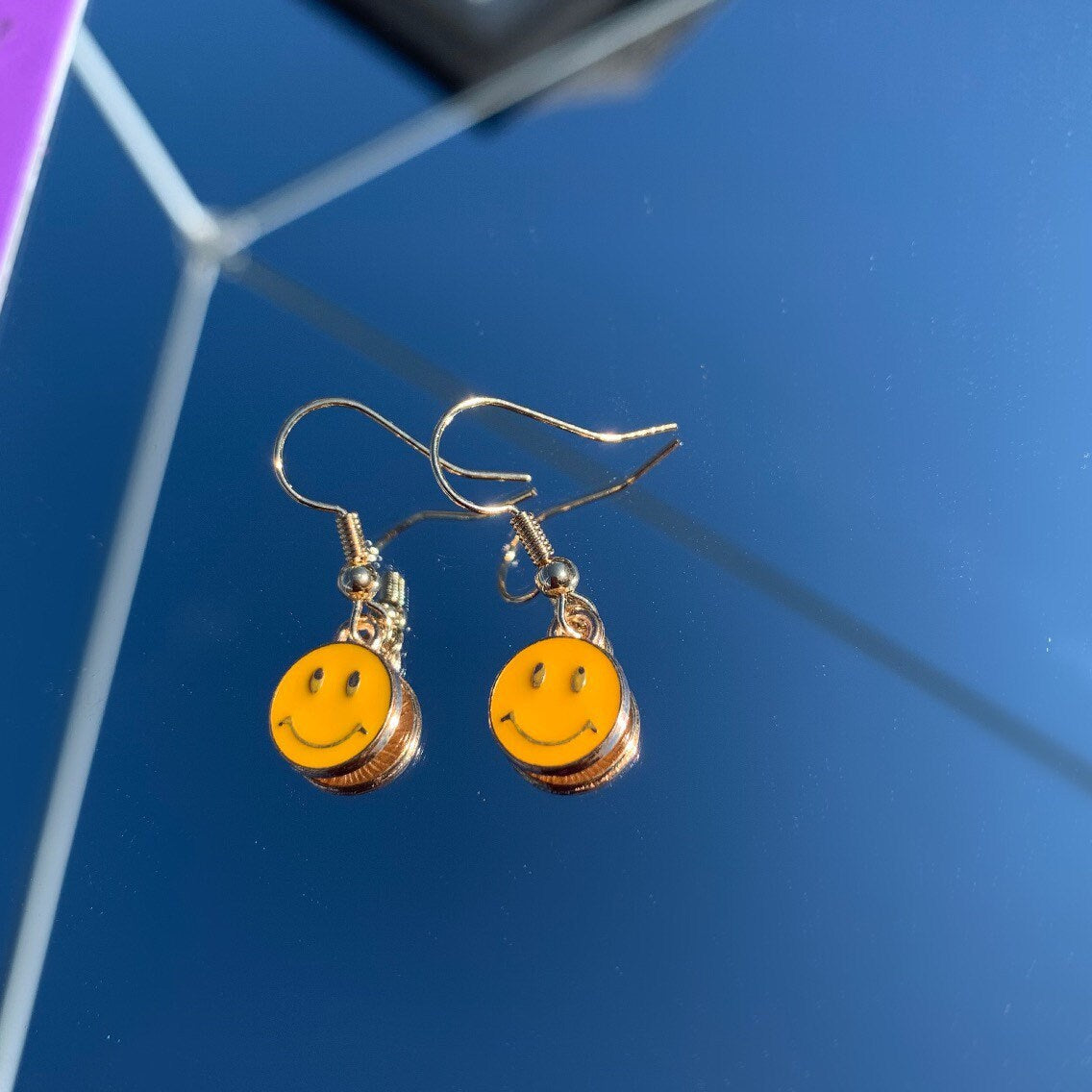 Little yellow smiley face gold earrings