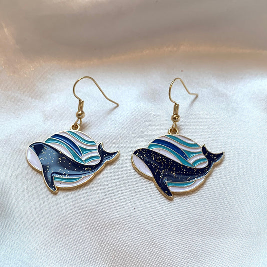 Blue, white and gold whale with wave earrings