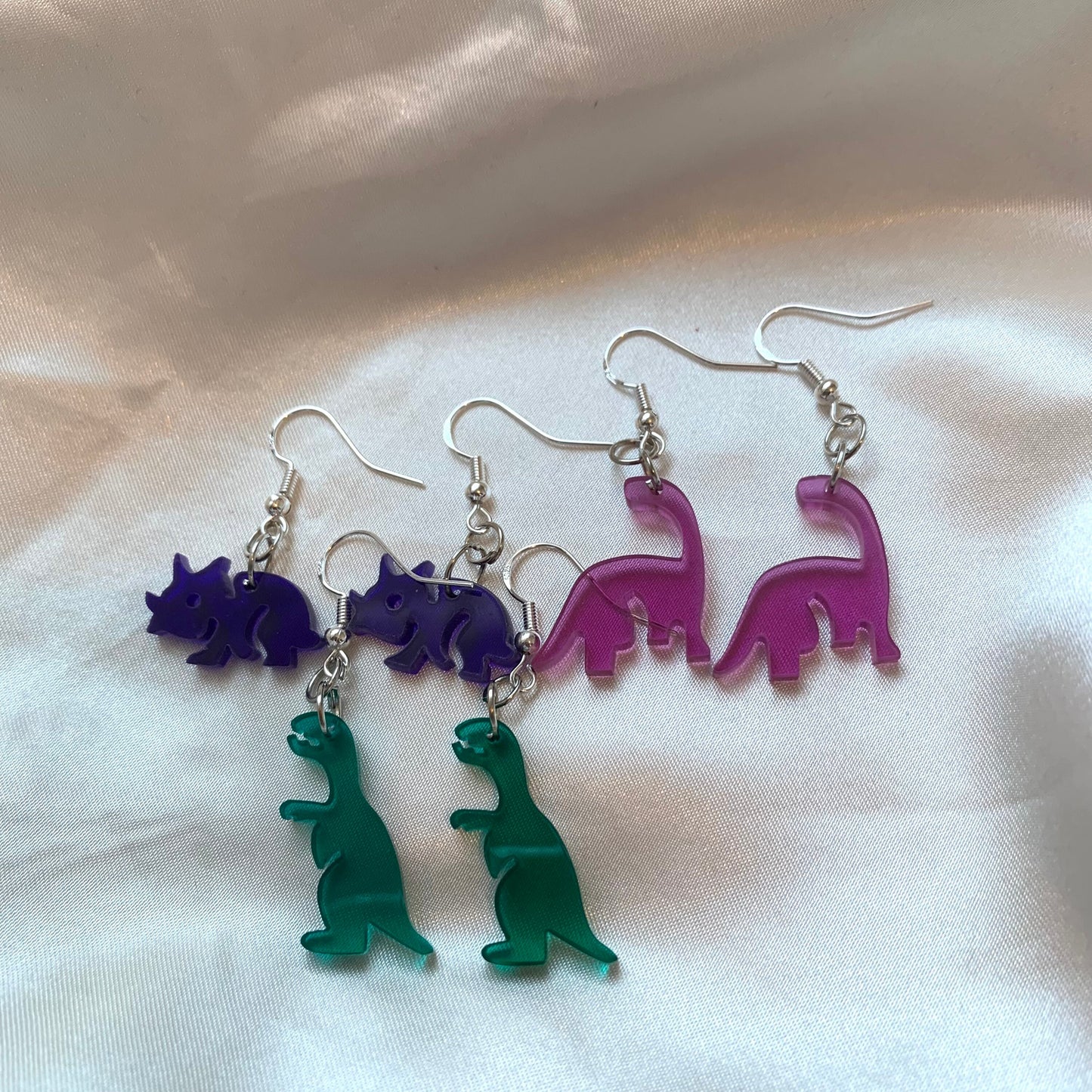 Cool quirky fun colourful acrylic dinosaur handmade drop dangle earrings on silver plated hooks