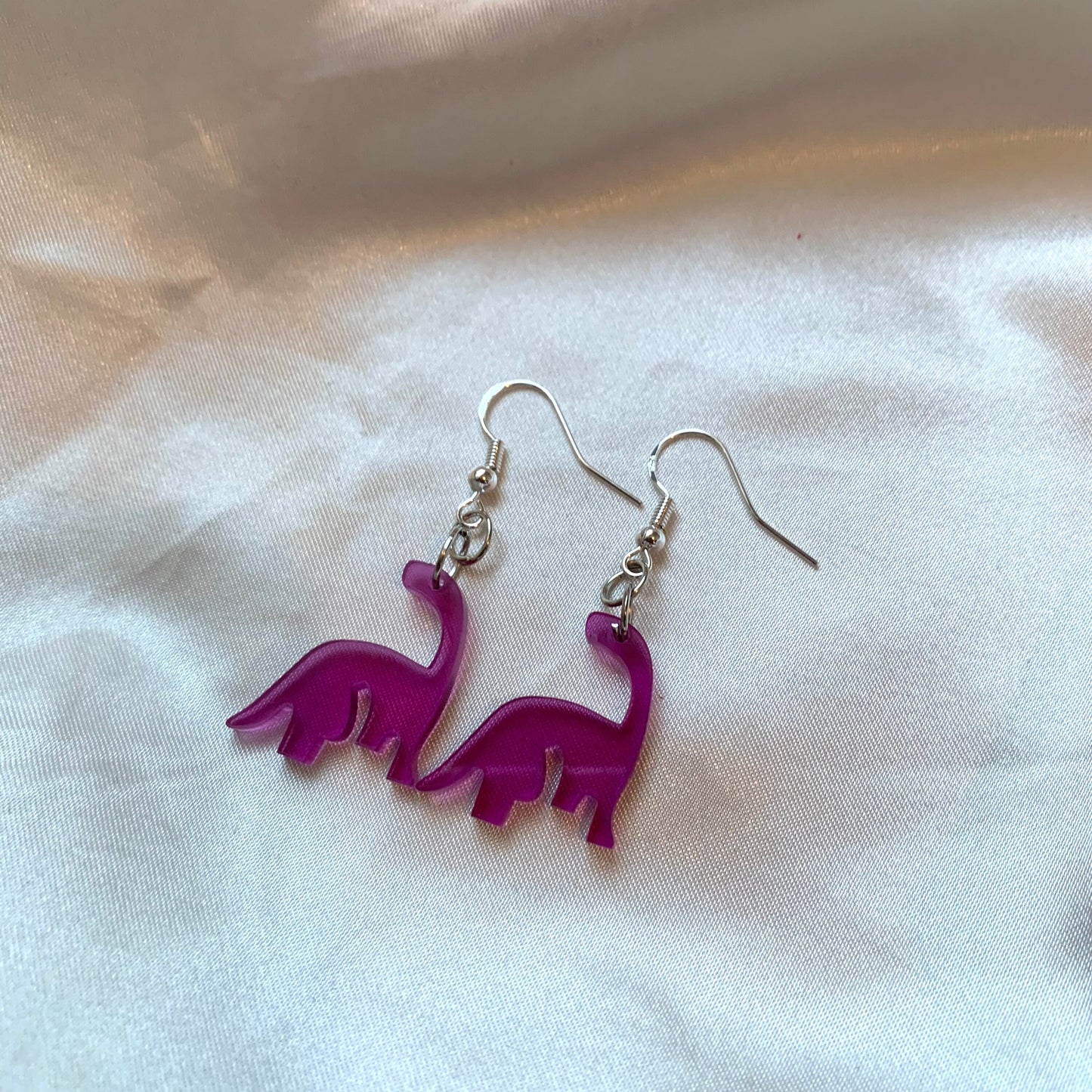 Cool quirky fun colourful acrylic dinosaur handmade drop dangle earrings on silver plated hooks