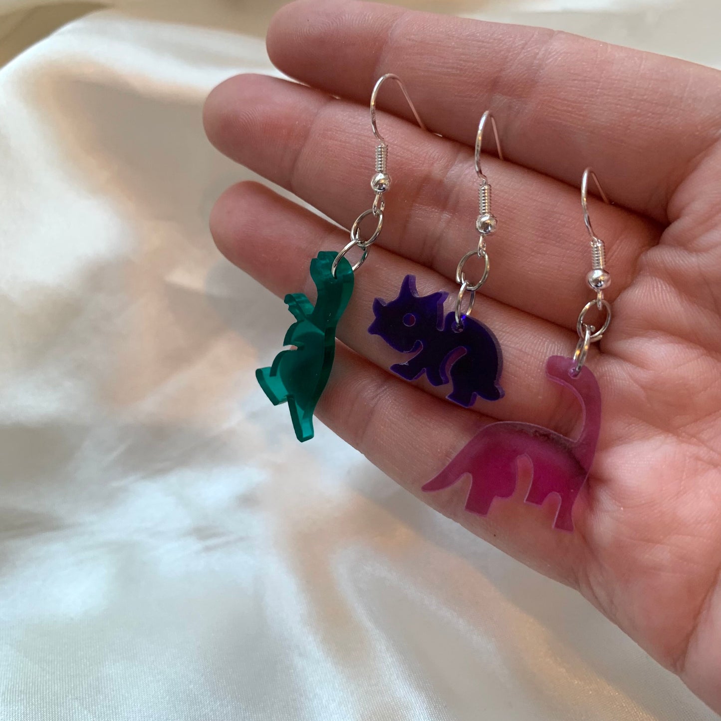 Cool quirky fun colourful acrylic dinosaur handmade drop dangle earrings on silver plated hooks