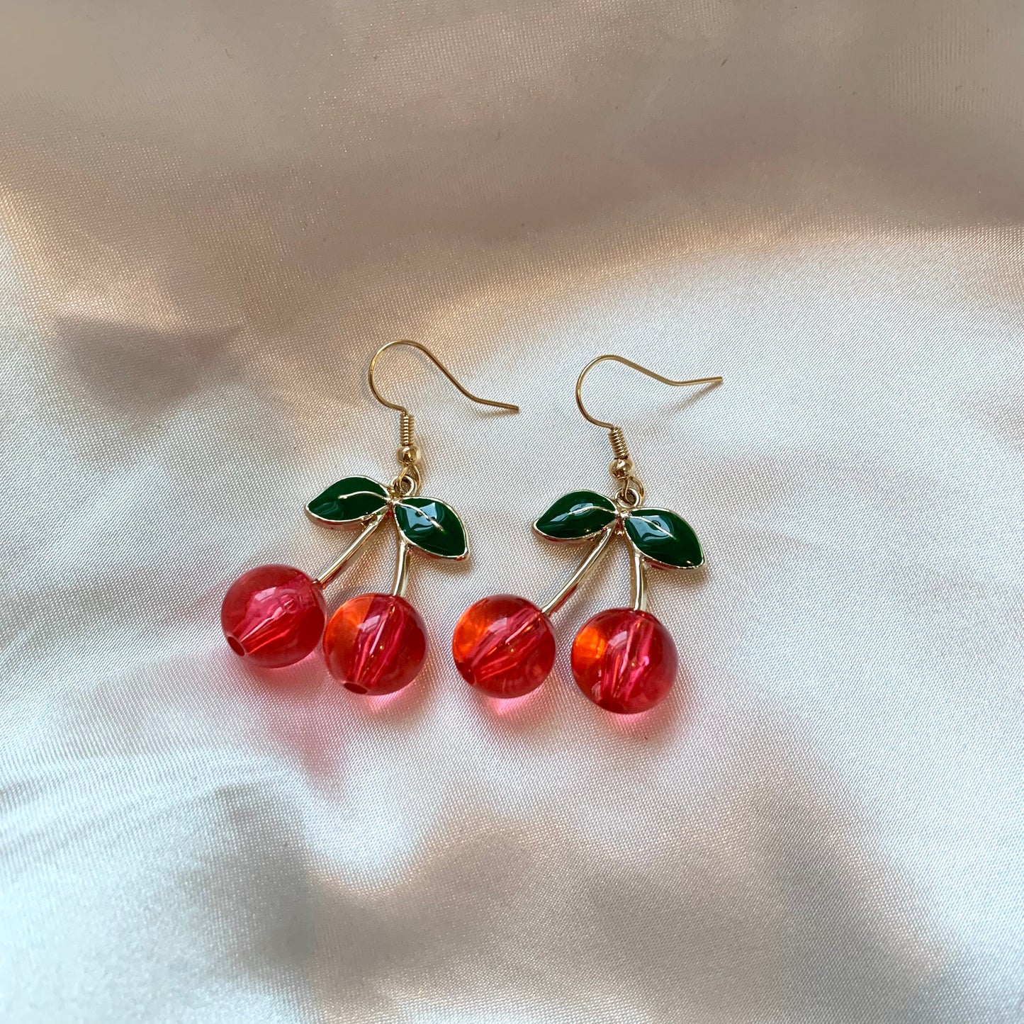 Pink/ red 3D cherry gold earrings