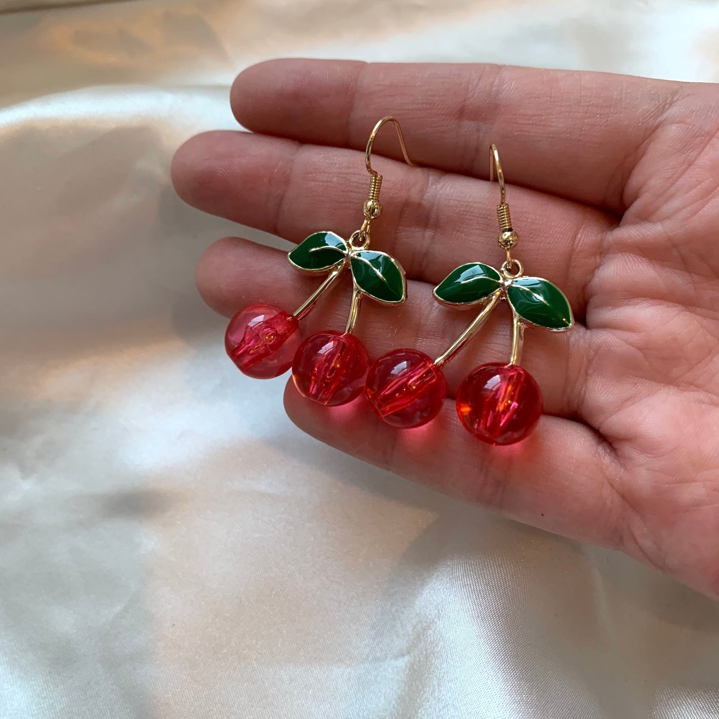 Pink/ red 3D cherry gold earrings