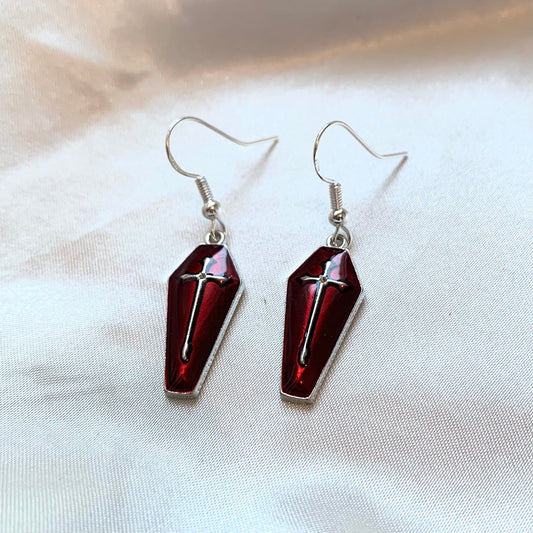 Dark red silver coffin with cross halloween dangle earrings