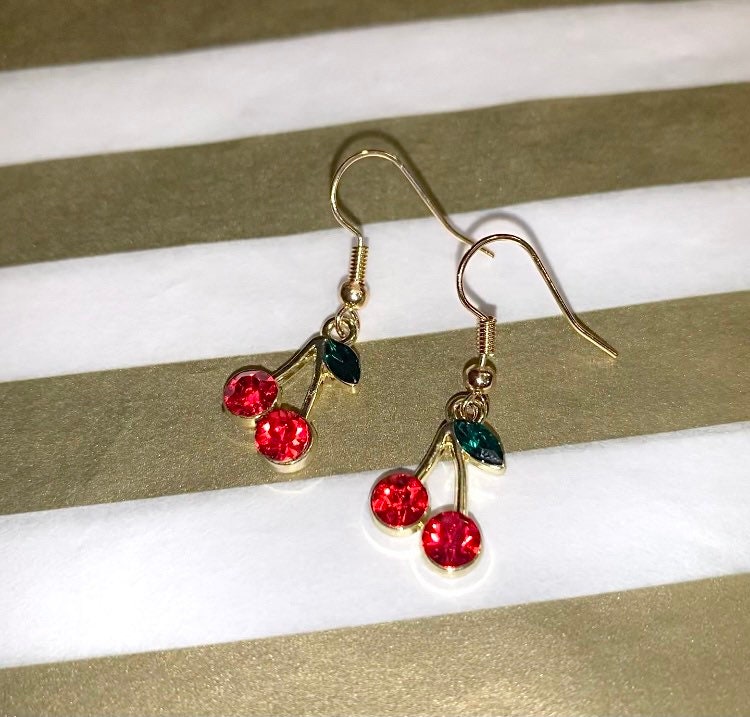 Red crystal cherry gold dangle earrings