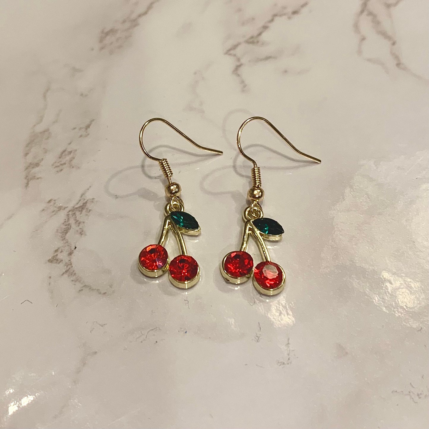 Red crystal cherry gold dangle earrings