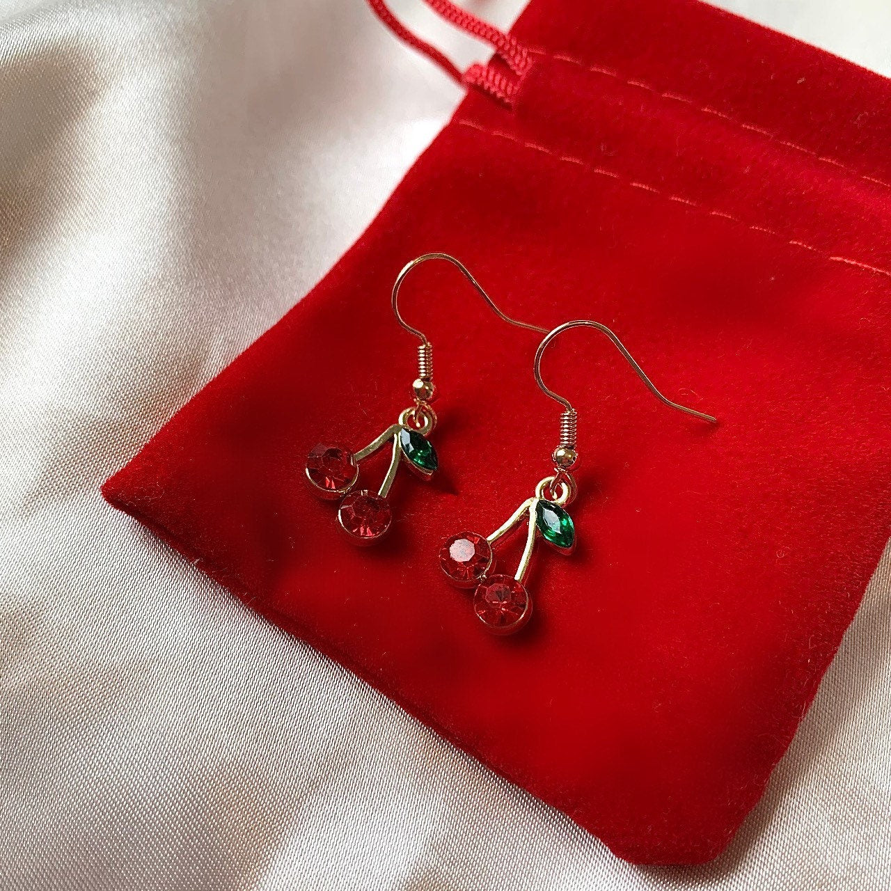 Red crystal cherry gold dangle earrings