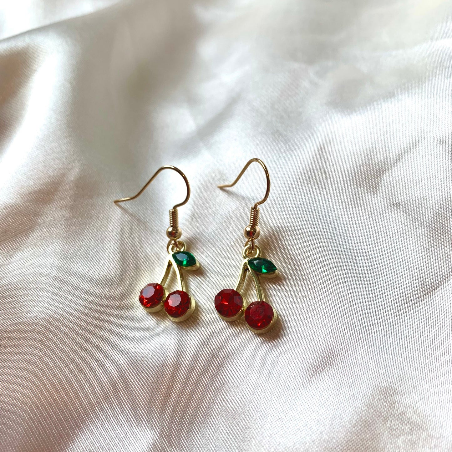 Red crystal cherry gold dangle earrings