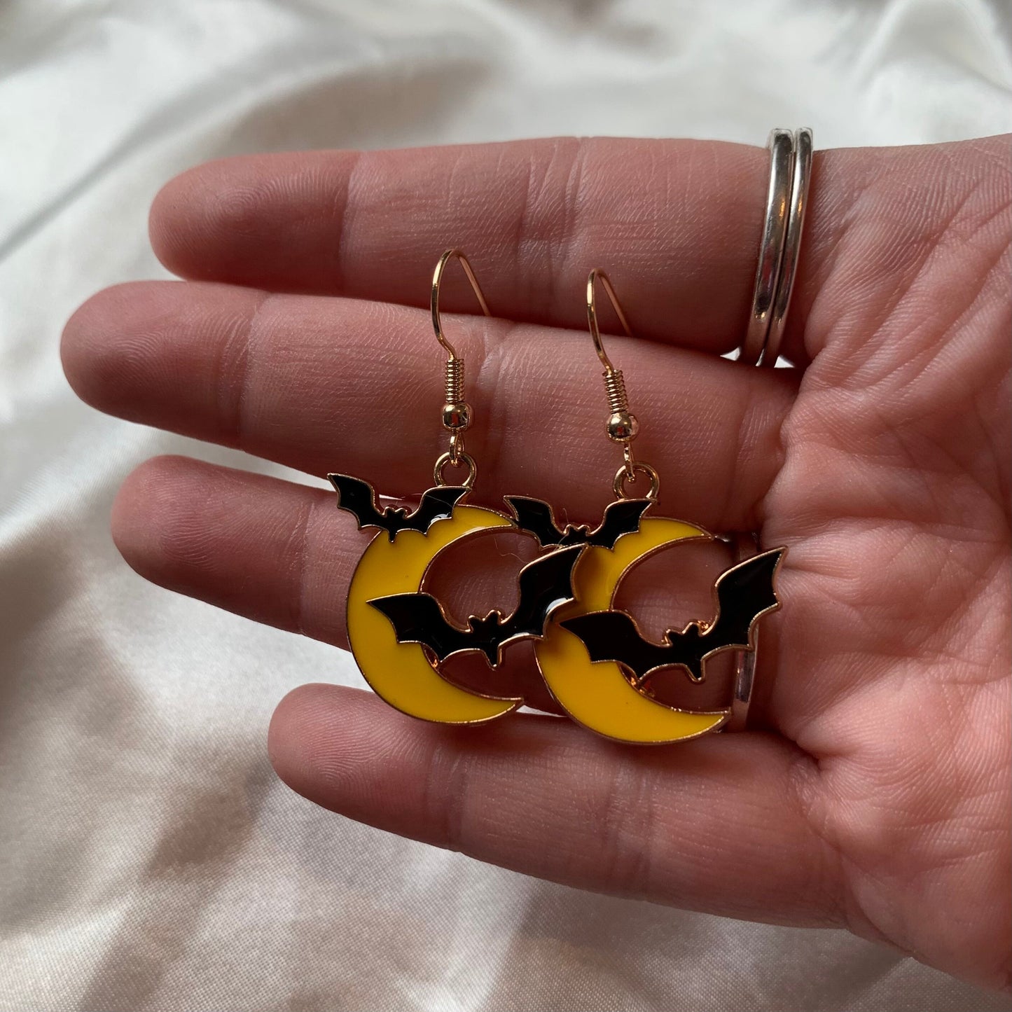 Yellow moon with bat gold halloween earrings