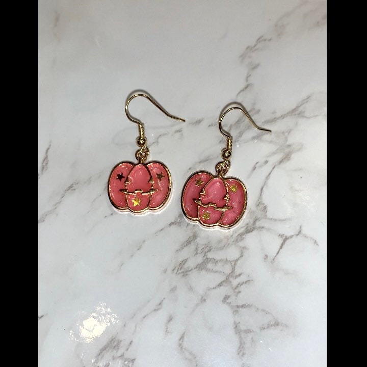 Purple, orange or pink with gold star pumpkin halloween earrings