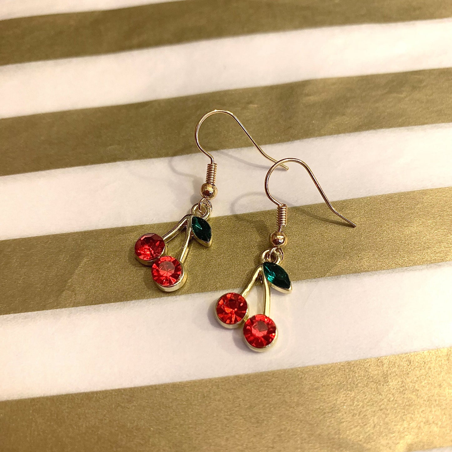 Red crystal cherry gold dangle earrings