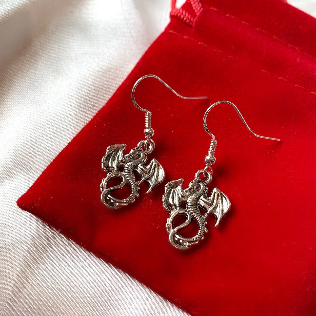 Silver little dragon dangle earrings