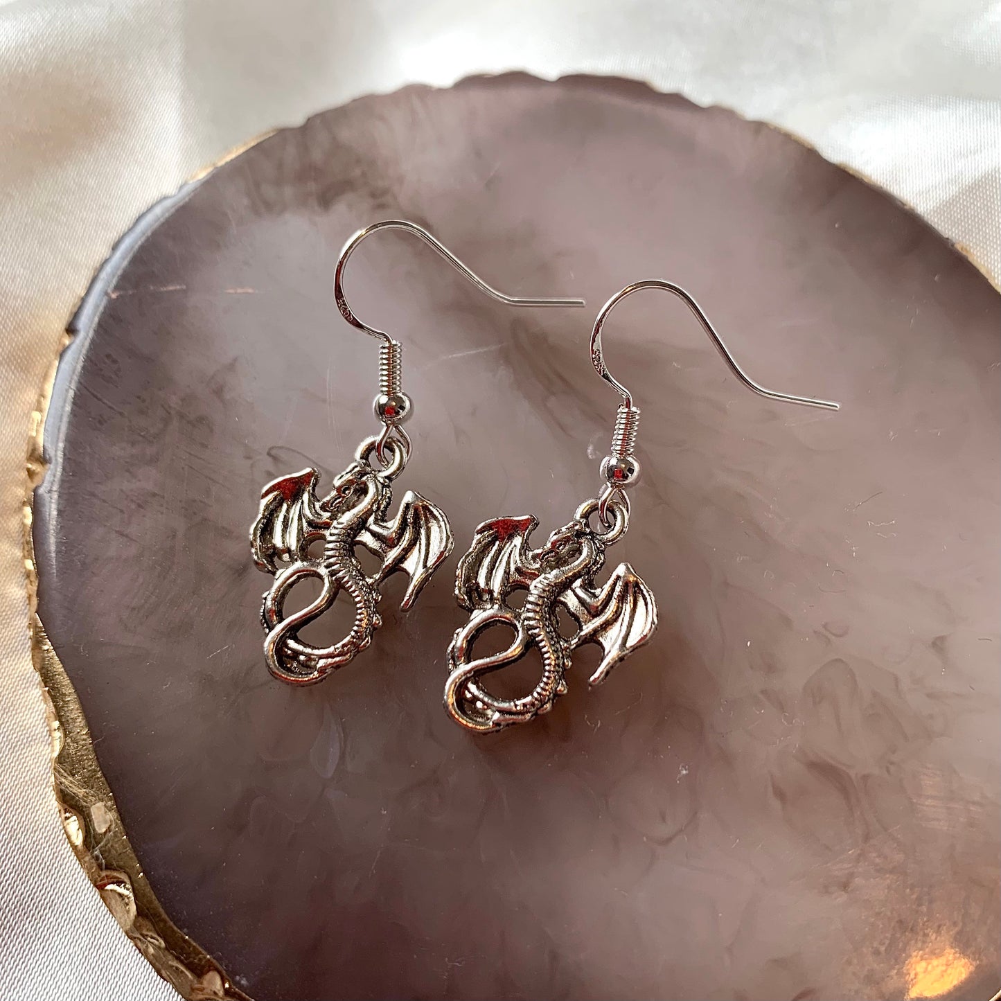 Silver little dragon dangle earrings