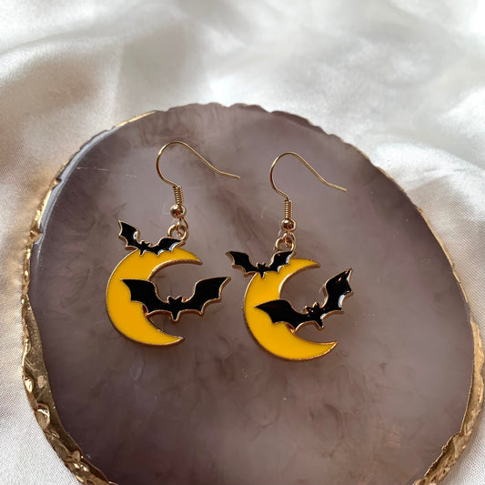 Yellow moon with bat gold halloween earrings