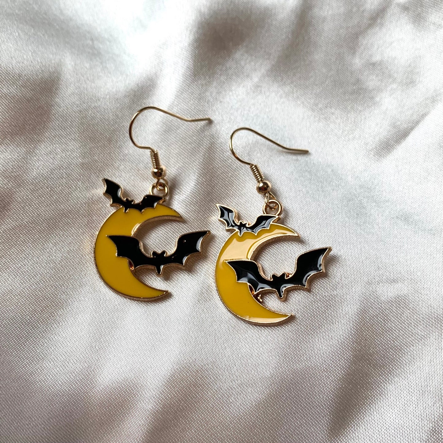 Yellow moon with bat gold halloween earrings