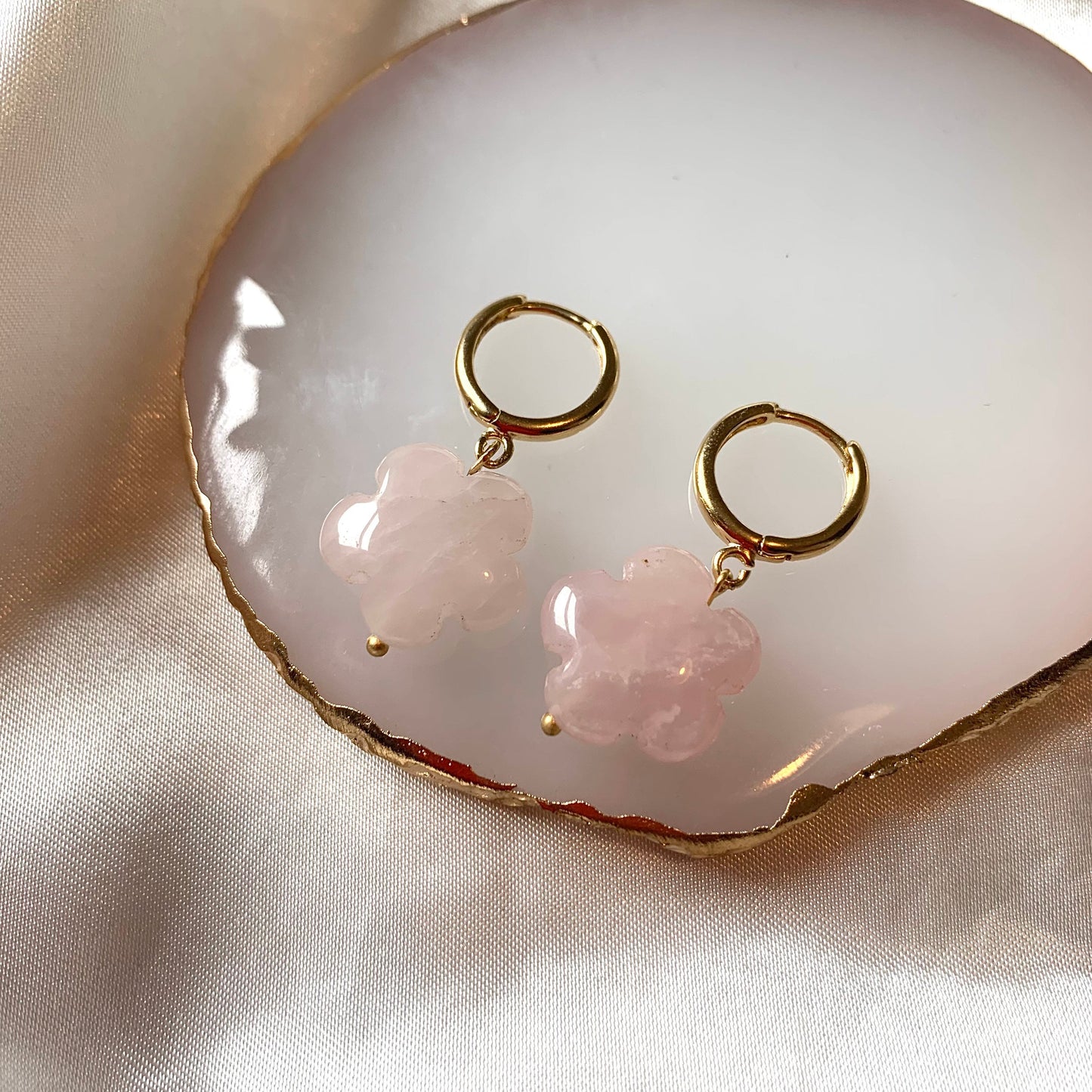Gold plated semi precious flower crystal huggie hoop drop dangle earrings - rose quartz, carnelian, green aventurine, agate