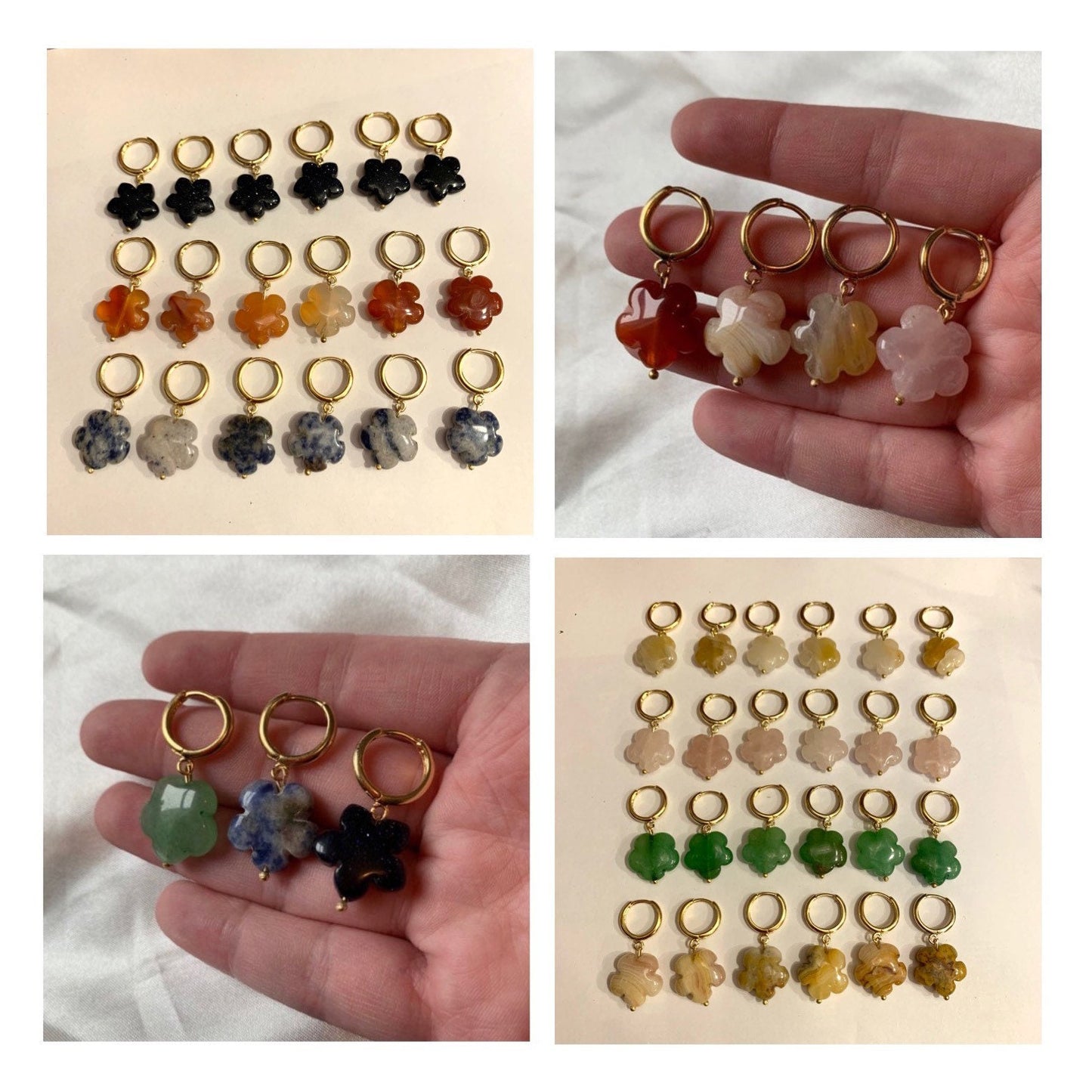 Gold plated semi precious flower crystal huggie hoop drop dangle earrings - rose quartz, carnelian, green aventurine, agate