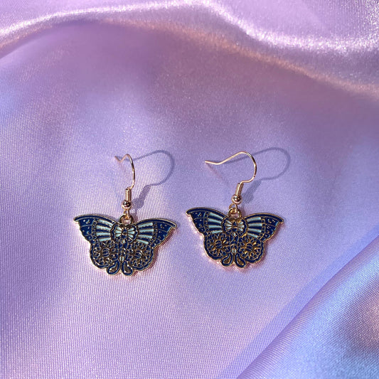 Blue and gold moth butterfly dangle earrings