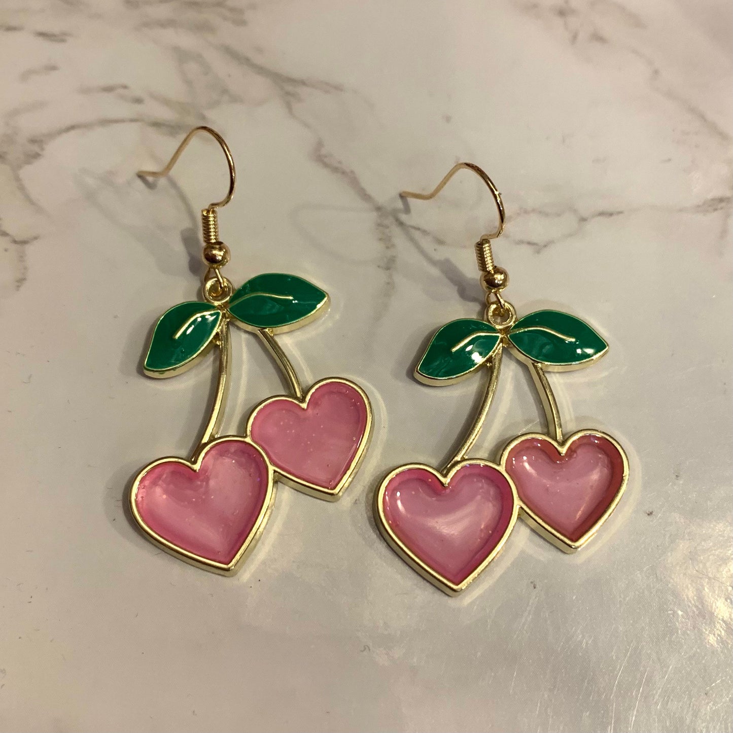 Pink heart cherry gold dangle earrings