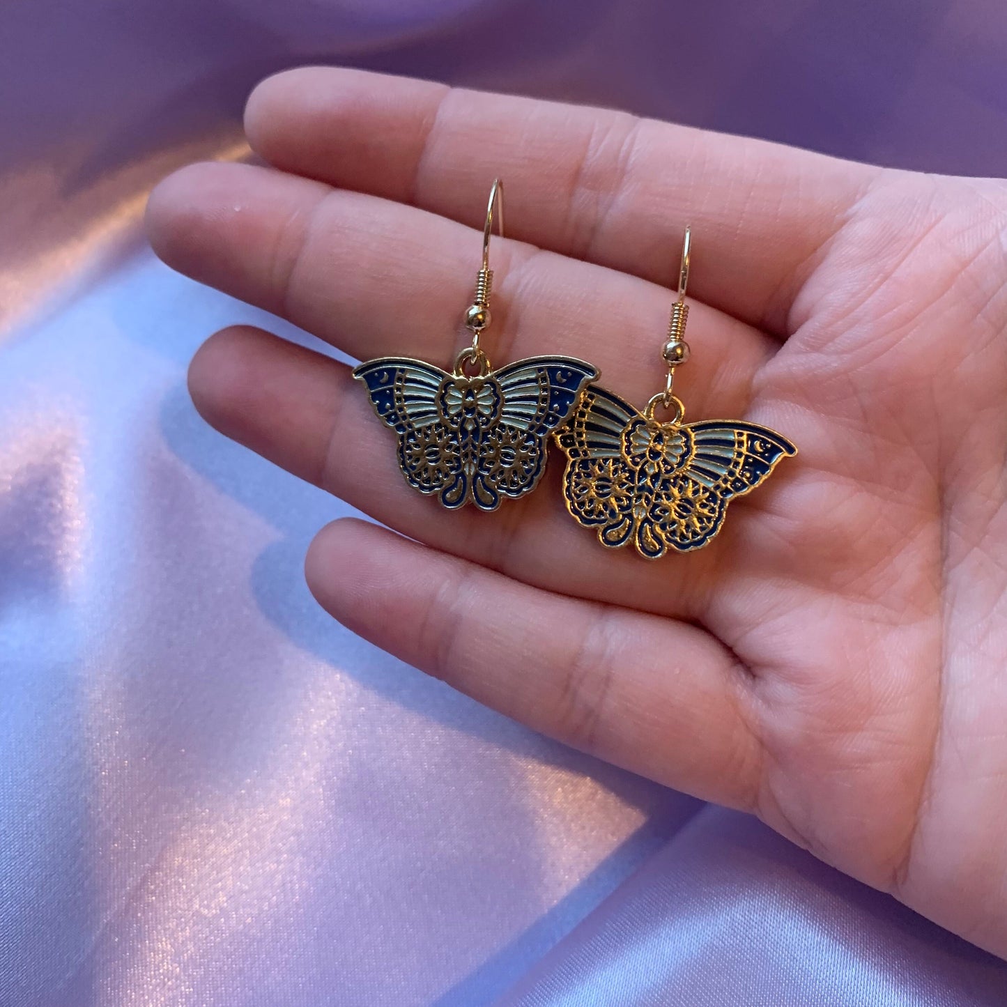 Blue and gold moth butterfly dangle earrings