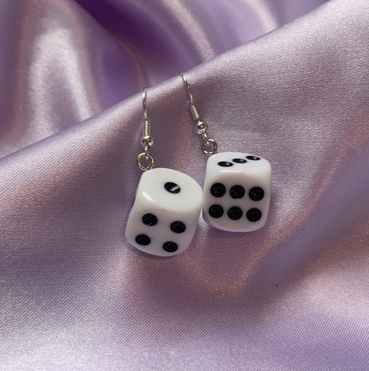 White and black game dice silver earrings