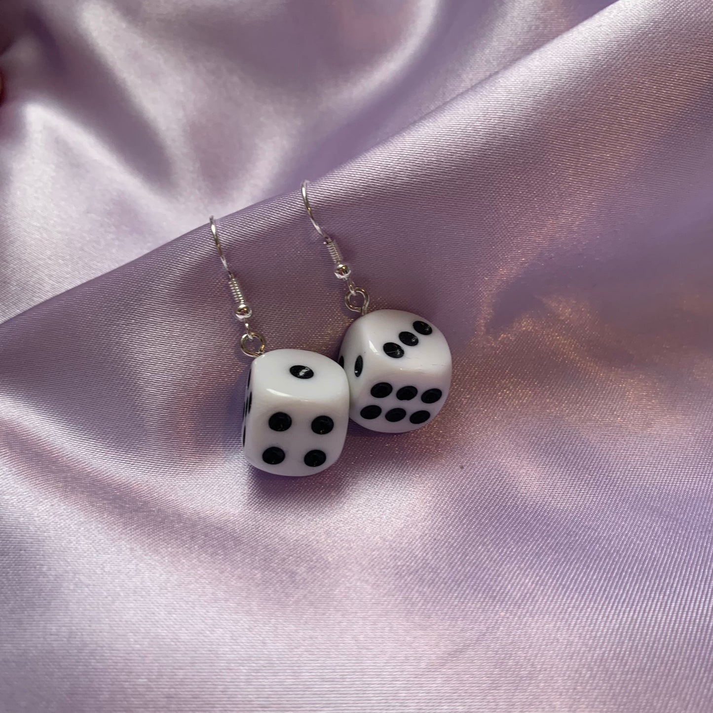 White and black game dice silver earrings