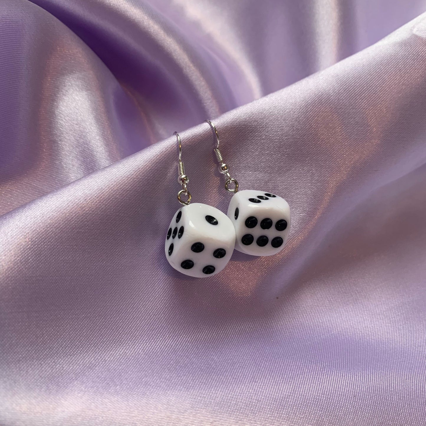 White and black game dice silver earrings