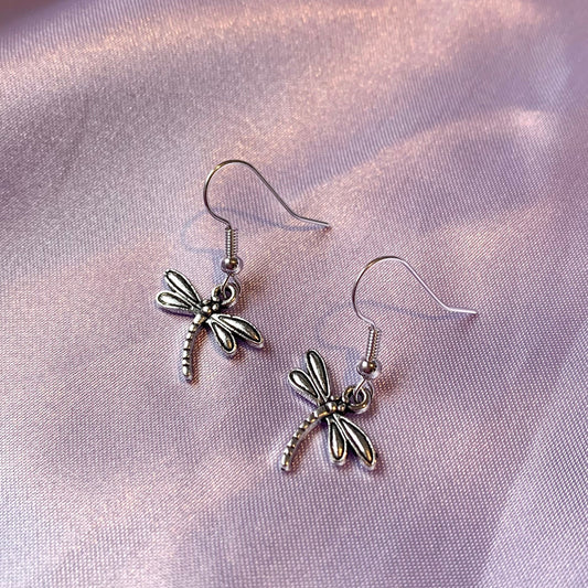 Silver dragonfly insect dangle earrings