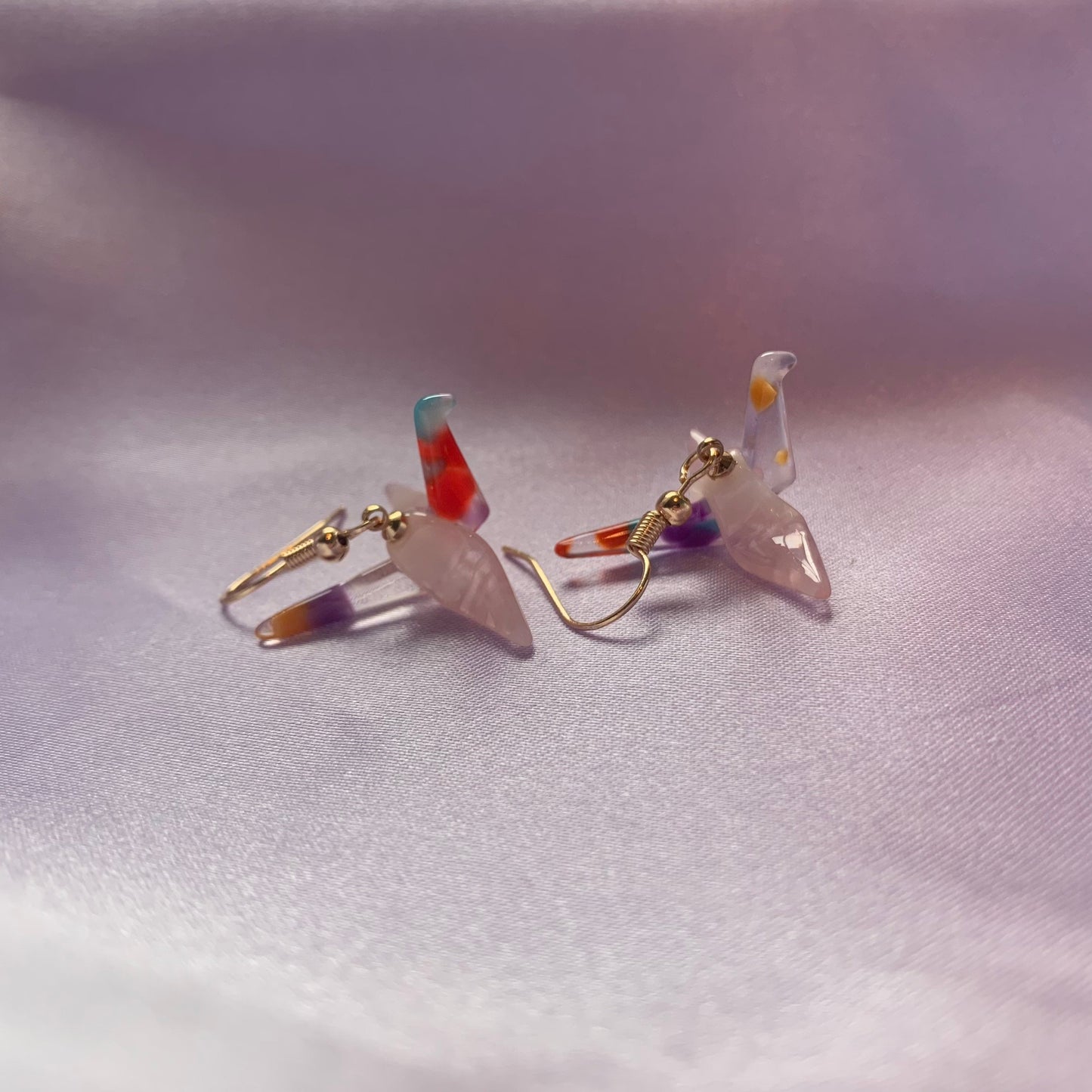 Multicolored pink origami crane bird dangle gold earrings